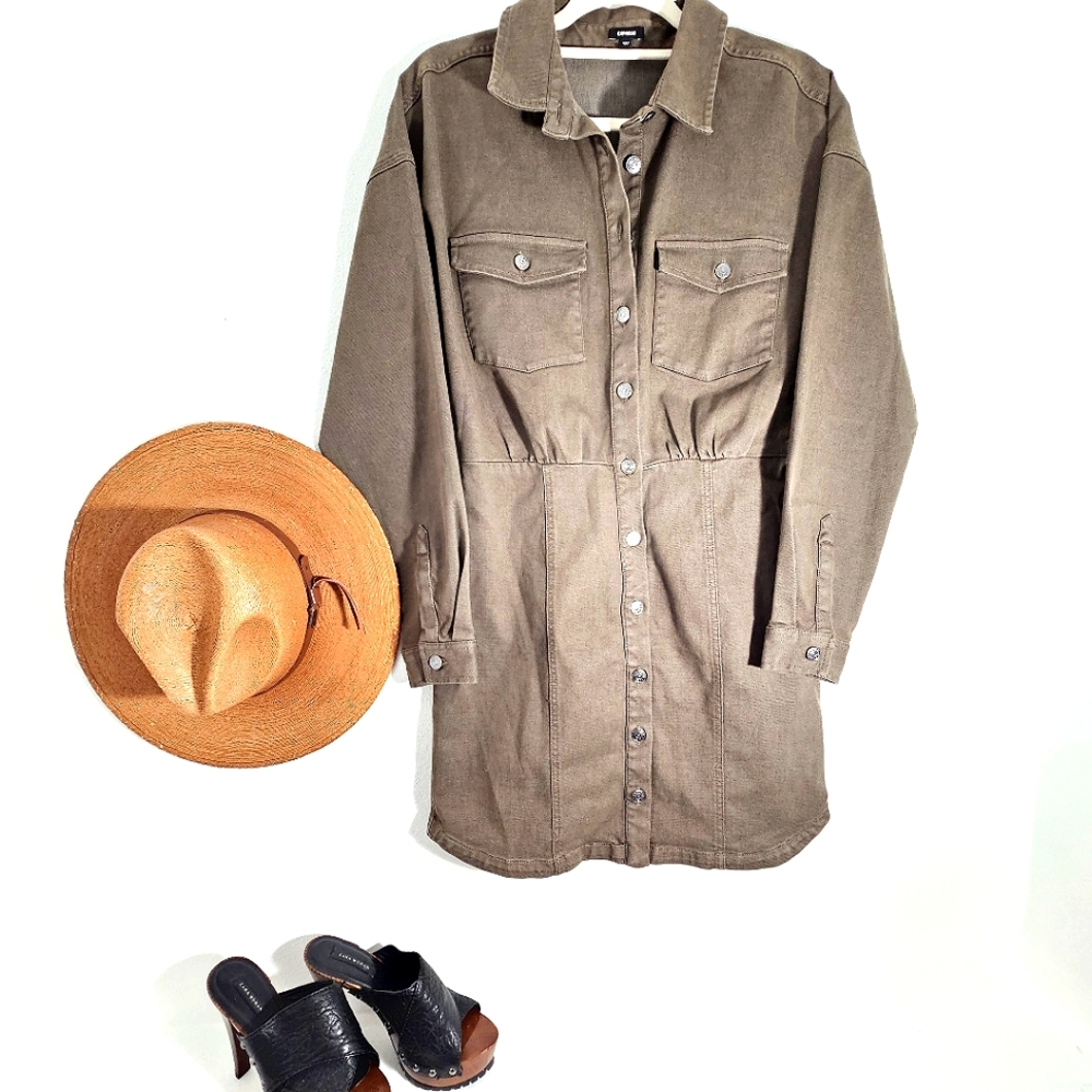 Express Olive Green Denim Mini Shirt Dress Button Down Small